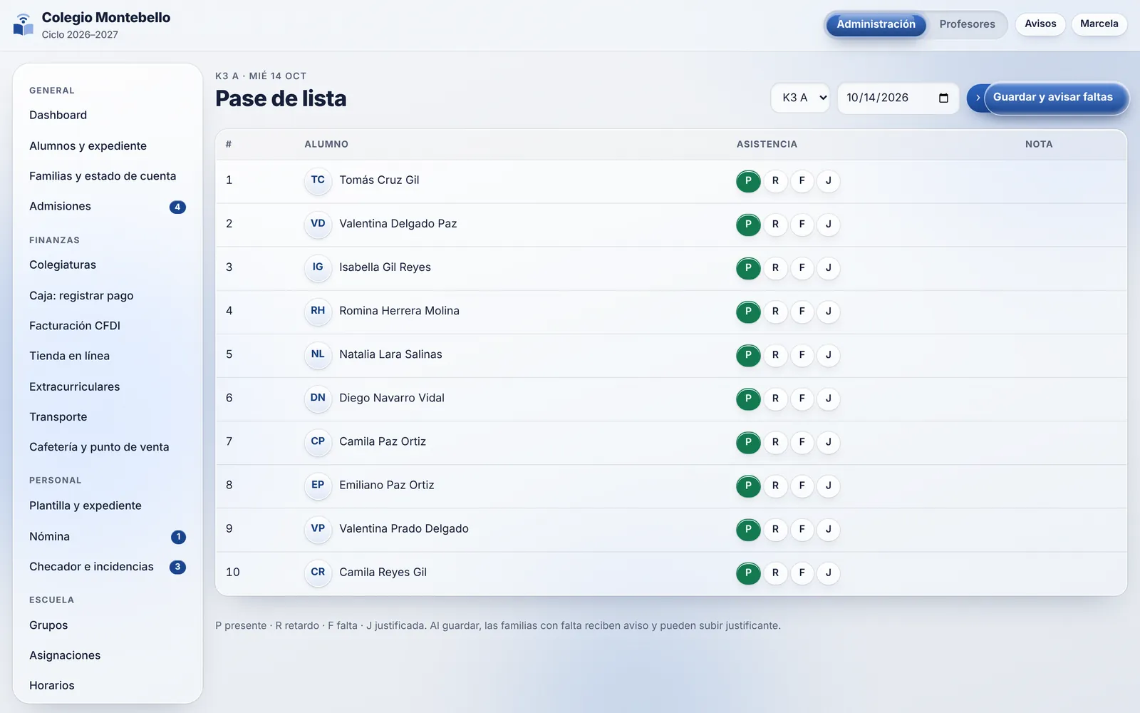 Pase de lista del grupo