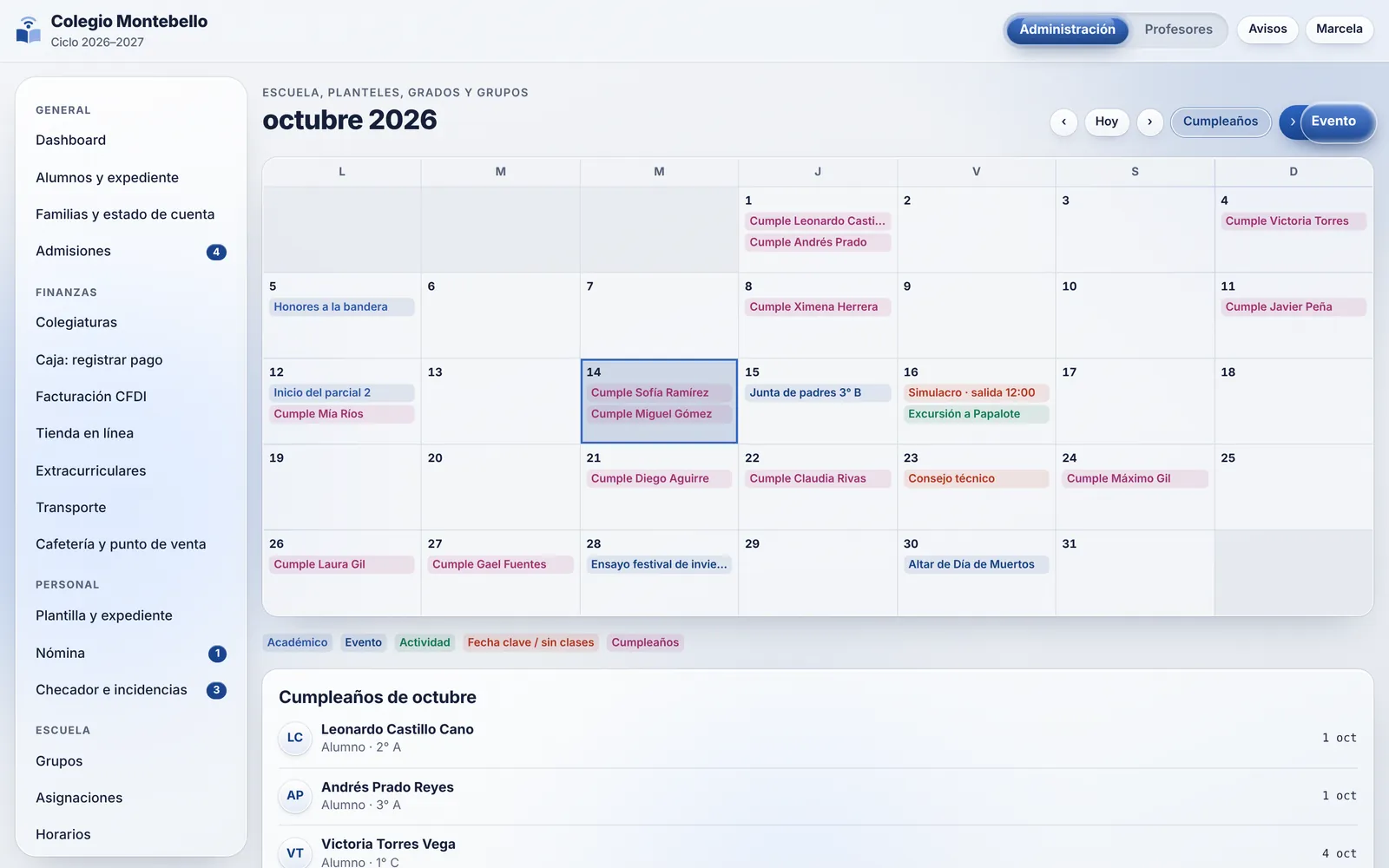 Calendario con eventos y cumpleaños