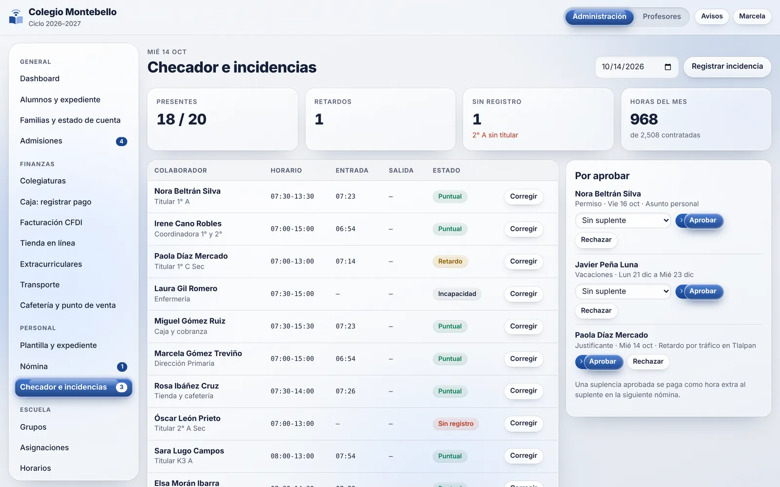 Checador e incidencias del personal