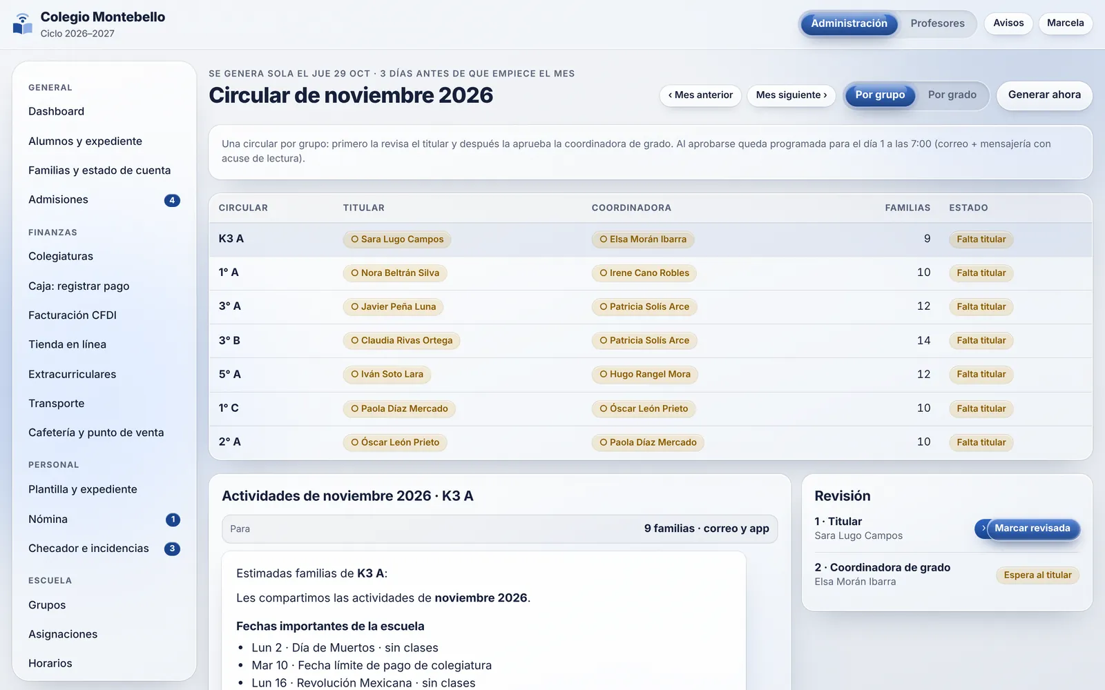 Circular mensual con revisión de titular y coordinación