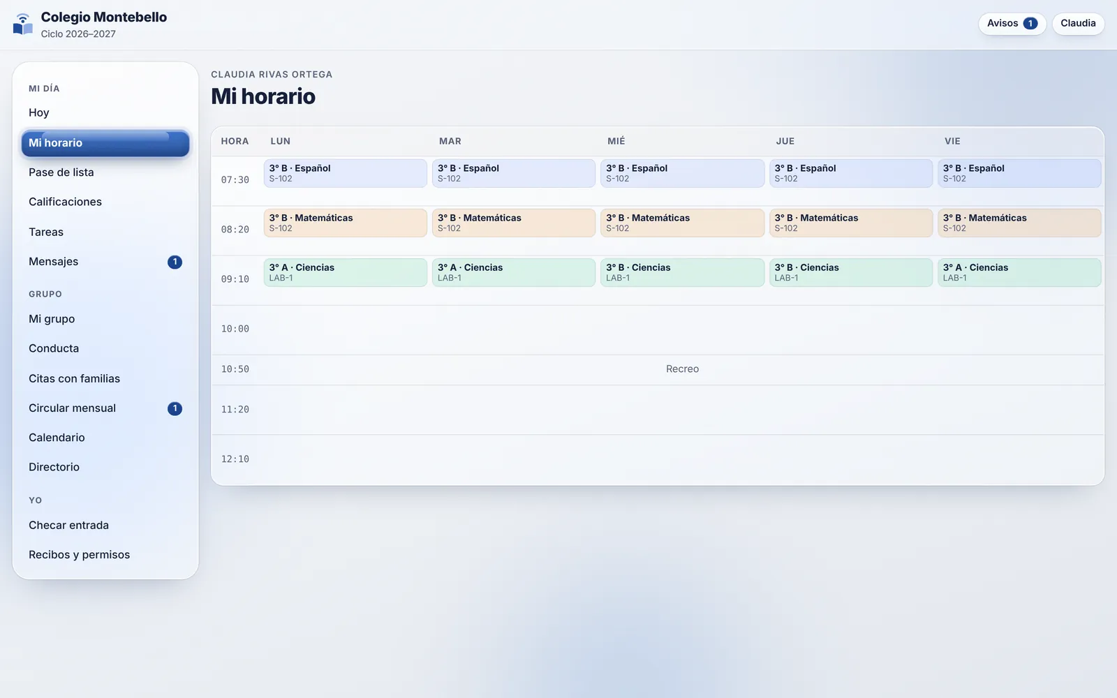 Horario semanal de la maestra