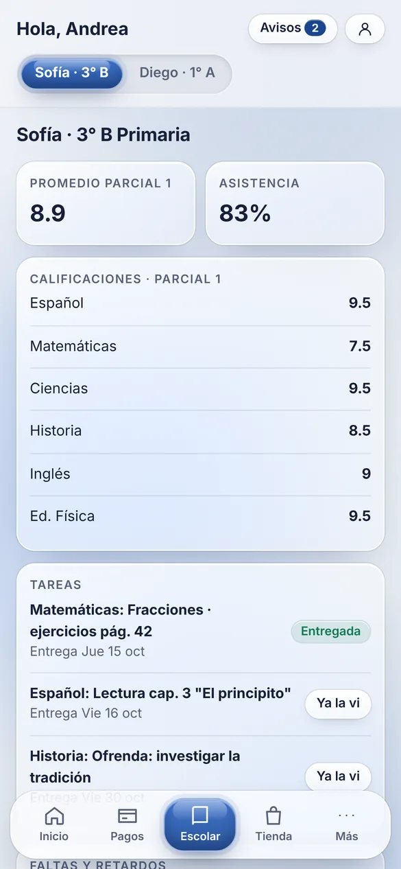Calificaciones y tareas en la app de familias